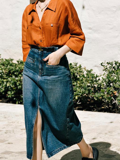 推荐商品：【代斯同款】PETITE STUDIO NYC  系扣拼接开叉半身长裙 女装 X2011 蓝