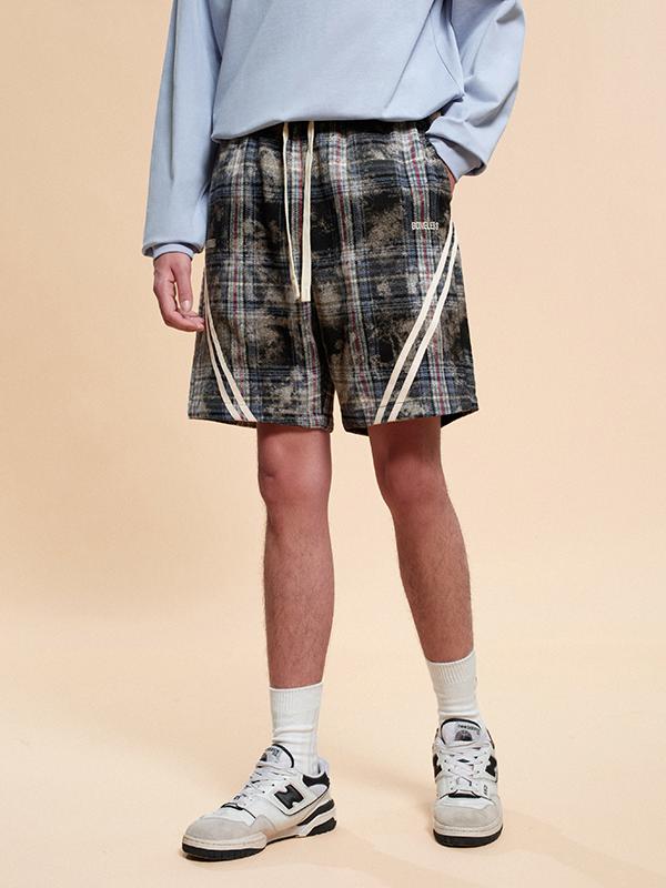 推荐商品：BONELESS  洗水做旧织带拼接格子运动短裤 男女同款 K20009 深蓝