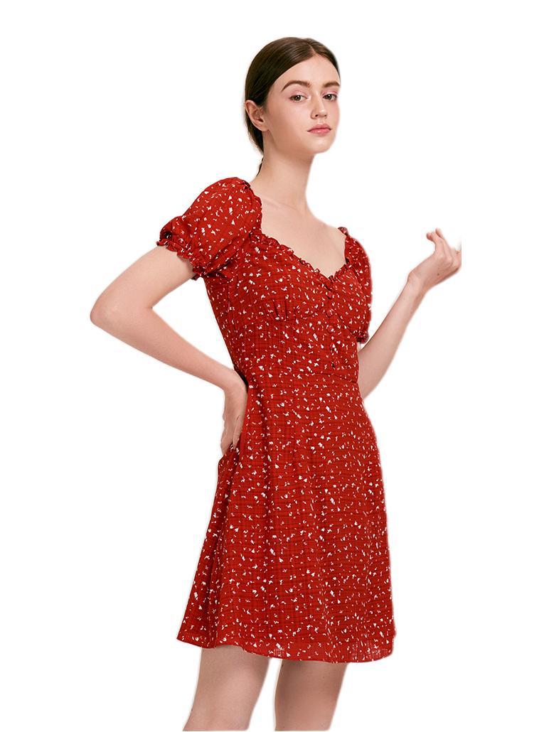 推荐商品：【张慧雯同款】 PETITE STUDIO NYC 泡泡袖高腰V领法式连衣裙 女装 L362 红