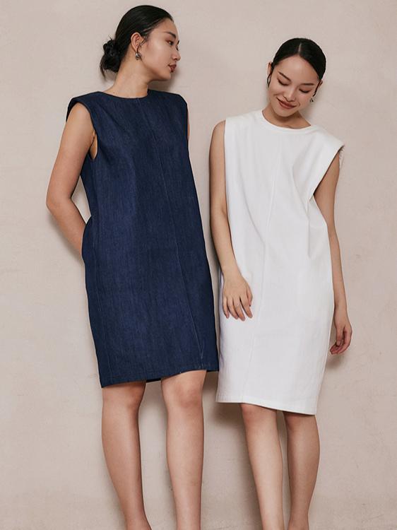 推荐商品：Eastern Light/乙来  纯色牛仔透气亲肤无袖连衣裙 女装 EL2421013 纯净白