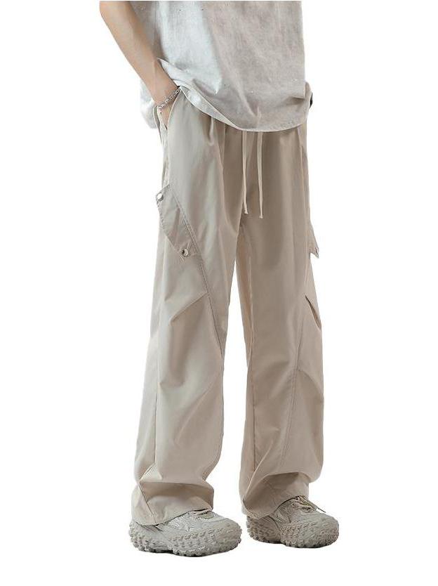 推荐商品：MEIPIN TANG  速干冰丝复古机能风褶皱系带垂感直筒工装裤 G49YK128 米白