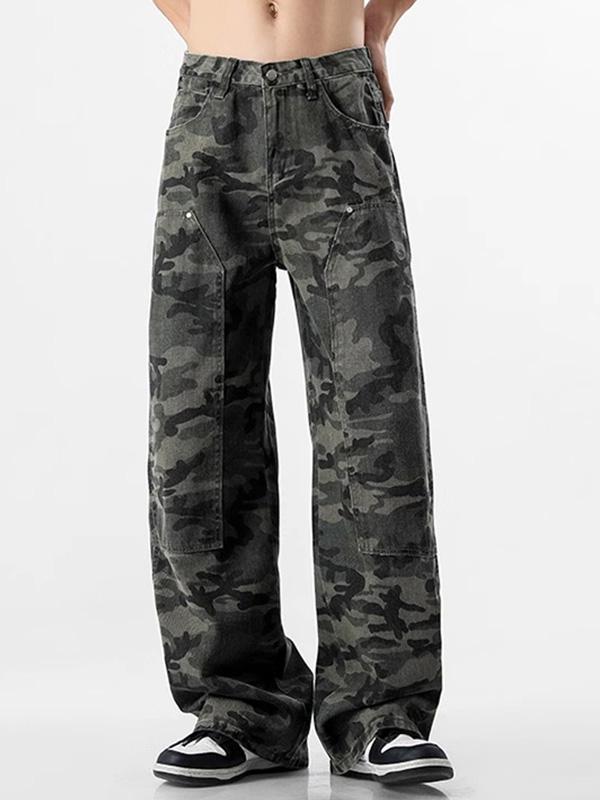 Forever21  美式拉链工装直筒迷彩牛仔长裤 FYXG-MC14937 迷彩