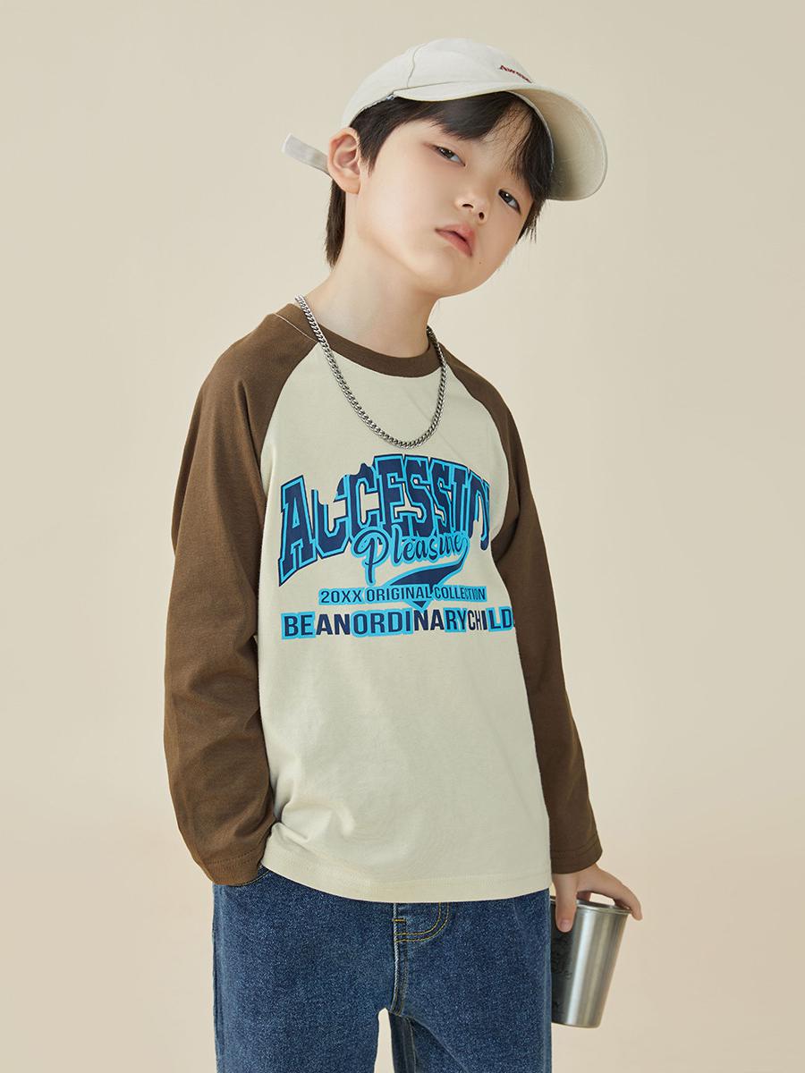 推荐商品：多多家童装 纯棉针织拼接圆领长袖T恤 男中大童 TX3Q8064B 米咖