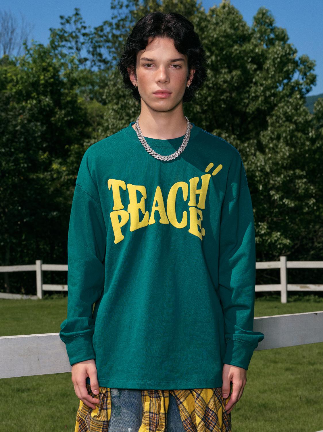 推荐商品：Teach Peace  字母印花圆领弹力长袖T恤 男女同款 TP243011 绿