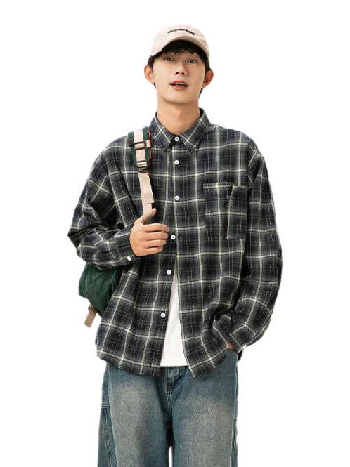 推荐商品：DMNUMB  格子衬衫美式复古衬衫外套 男女同款 CS292 藏青