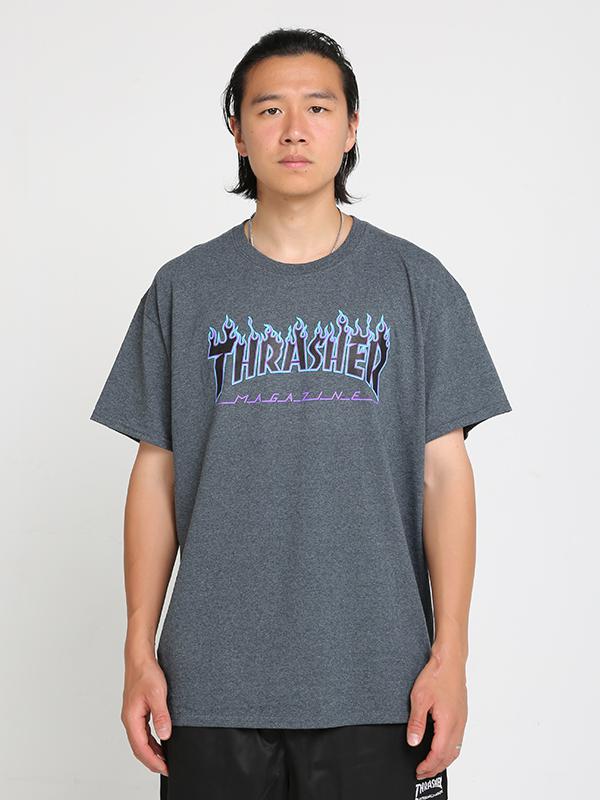 推荐商品：【杨舒予同款】 Thrasher 字母热浪滑板火焰印花大LOGO圆领短袖T恤 深灰/蓝紫火焰