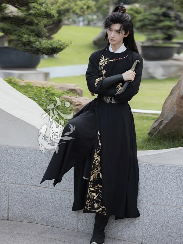 推荐商品：孤鲤 绪风 帅气酷飒侠客套装仙古装绣花圆领袍汉服 黑/绪风套装
