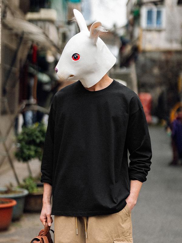 推荐商品：【汪铎同款】Rabbit House  纯色纯棉重磅基础圆领落肩长袖T恤 男女同款 TB0102DT010 摩登黑