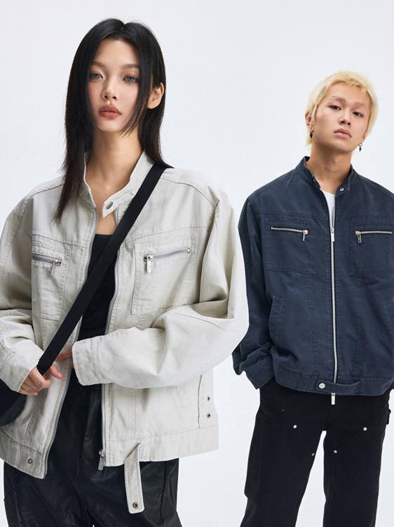 推荐商品：【左奇函同款】WAITINGWAVE/候浪 美式纯棉明线拼接立领落肩夹克 男女同款 WAVE-JK012 浅灰