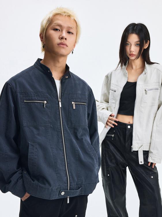 推荐商品：【左奇函同款】WAITINGWAVE/候浪 美式纯棉明线拼接立领落肩夹克 男女同款 WAVE-JK012 藏青