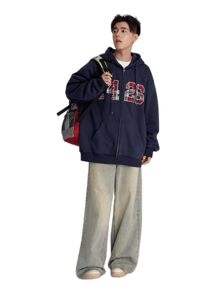 推荐商品：【吴俊霆同款】F426 情侣大logo格子贴布绣开衫拉链连帽卫衣 BDWY23AW-5441 藏青