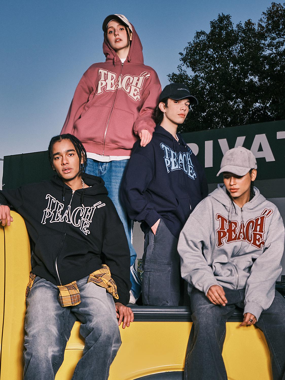 推荐商品：【孙伊涵同款】Teach Peace 美式街头字母刺绣logo贴布开衫拉链连帽加绒卫衣情侣款 TP2130140266 藏蓝