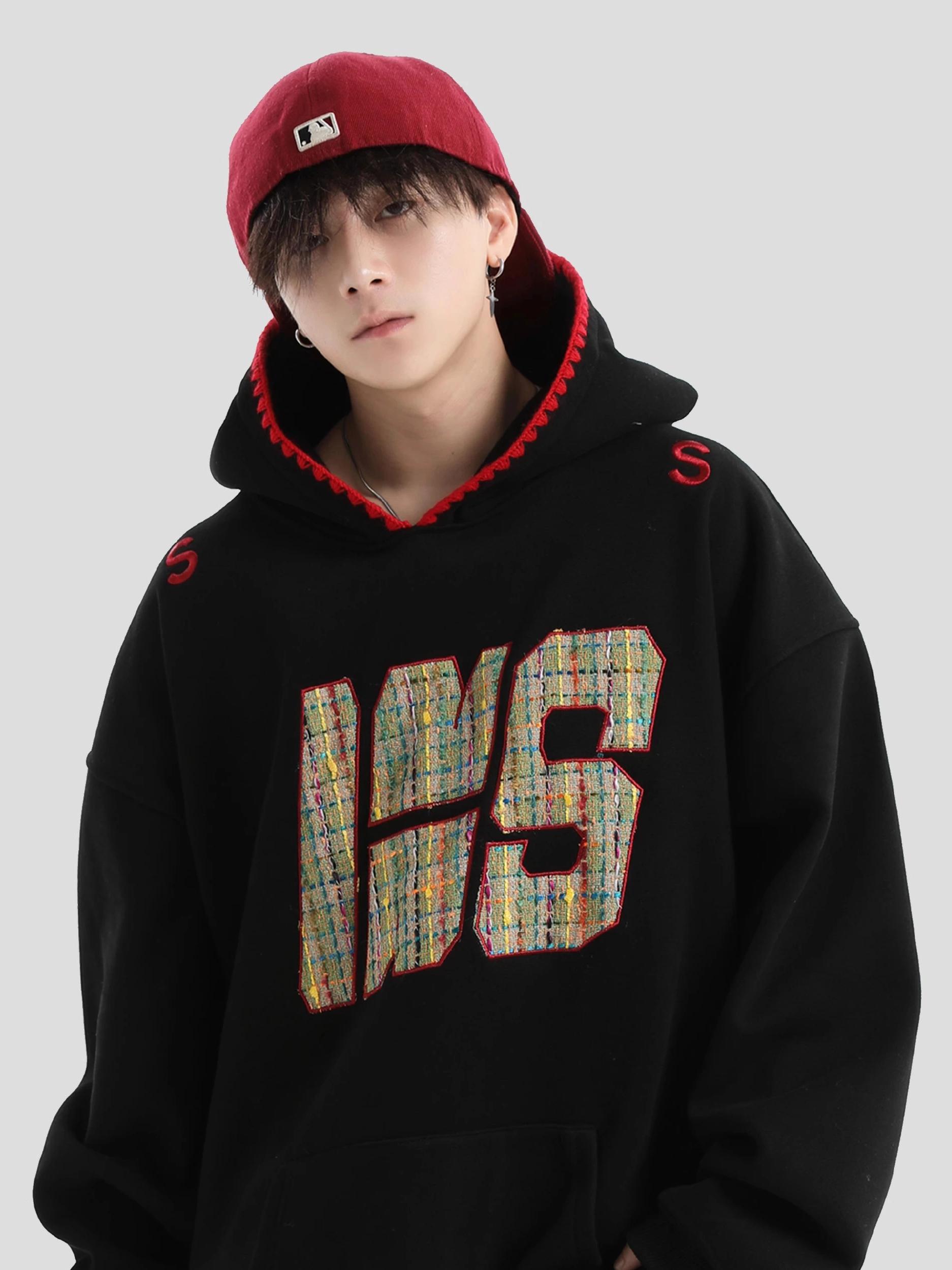 推荐商品：INSstudios  美式编织贴布刺绣加绒连帽卫衣 男女同款 黑