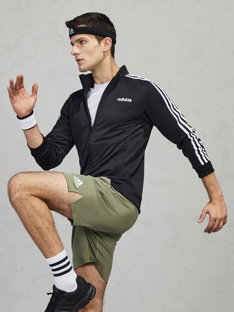 adidas E 3S TT TRIC 轻运动训练防风三条纹刺绣拼接梭织连帽透气针织拉链立领夹克 DQ3070 黑