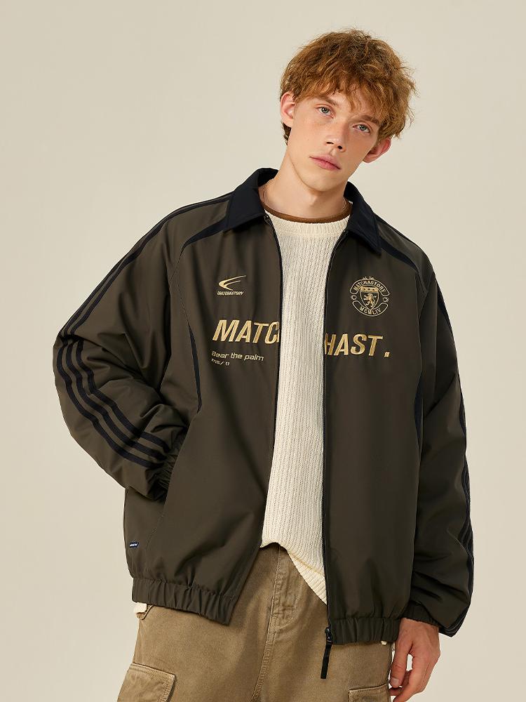 推荐商品：MATCHA STORY  学院系列复古美式刺绣翻领拉链夹克 男女同款 M38861773 基础色