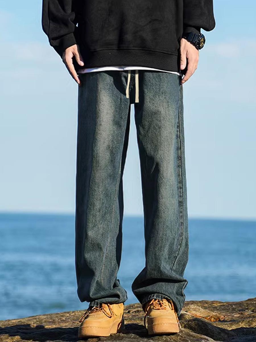 推荐商品：tonlion/唐狮美式 纯色中腰做旧直筒拖地牛仔裤 629410083011 复古蓝