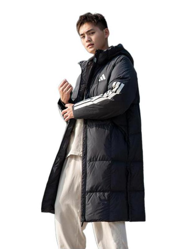 adidas 加厚暖「芯」科技防寒防风御寒拒水收口棉羽保暖鸭绒600蓬中过膝轻运动连帽三条纹加绒羽绒服 JG3840 黑