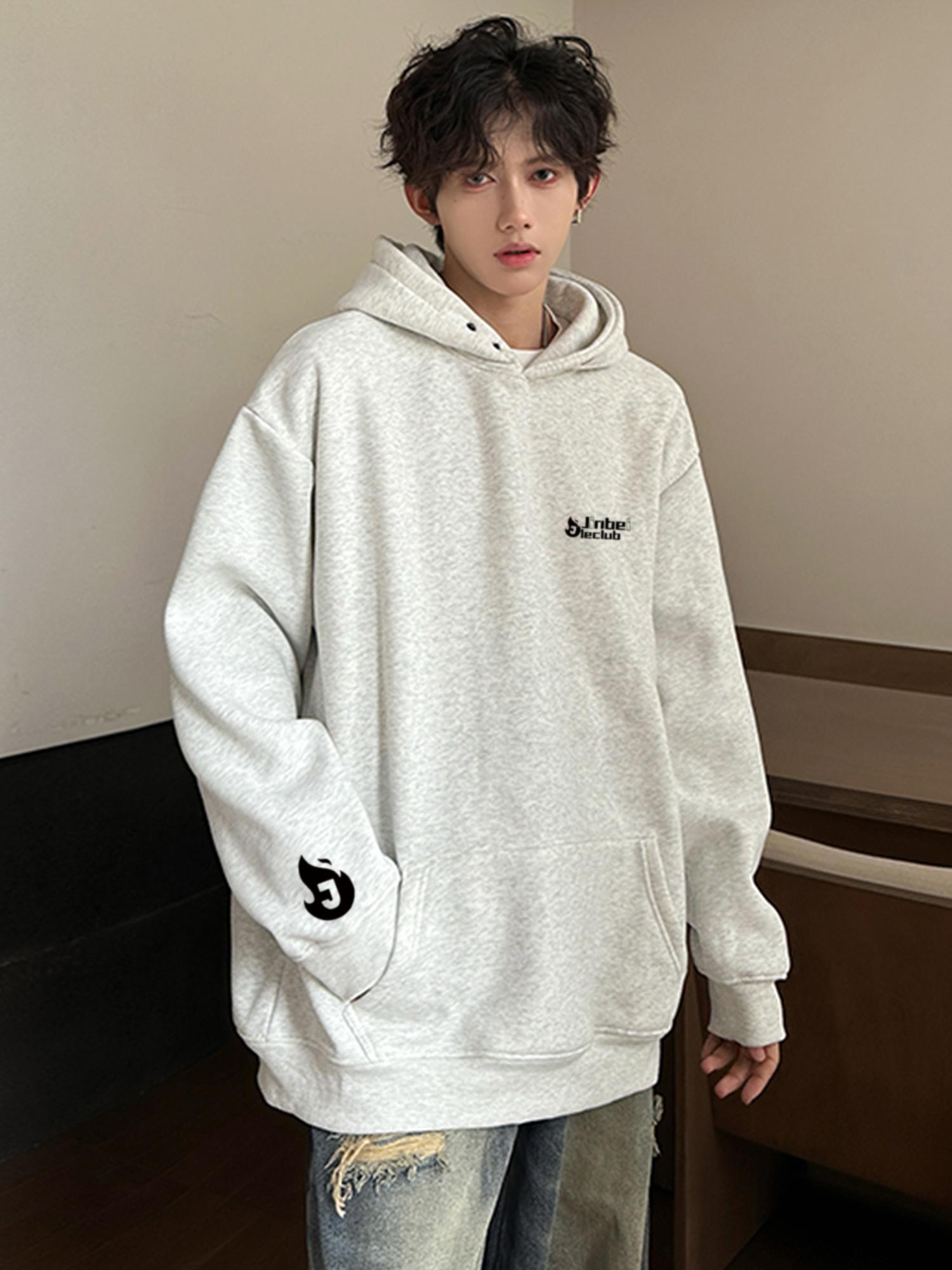 推荐商品：JINBEILE/金贝勒 美式重磅火焰火苗印花加绒加厚无绳连帽长袖套头卫衣 YK-A486CM22 白花灰