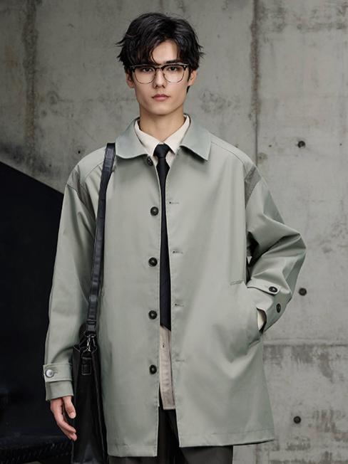 推荐商品：N1  抗皱防泼水中长款单排扣拼接风衣 143A1091 绿