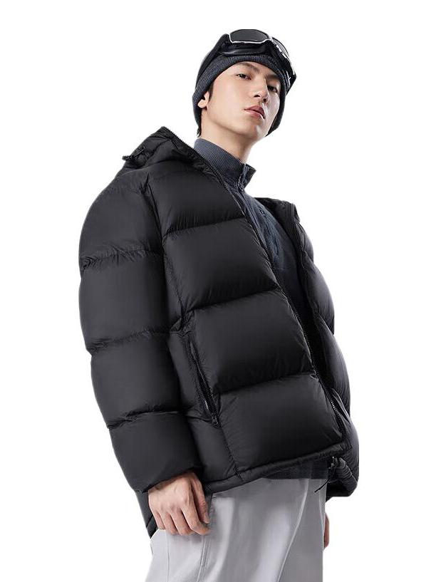 Camel/骆驼 黑钻系列火山三防轻户外纯色防风防泼水连帽吸湿加绒加厚拉链蓄热防寒防水立领白鸭绒羽绒服 M34CR07674 黑