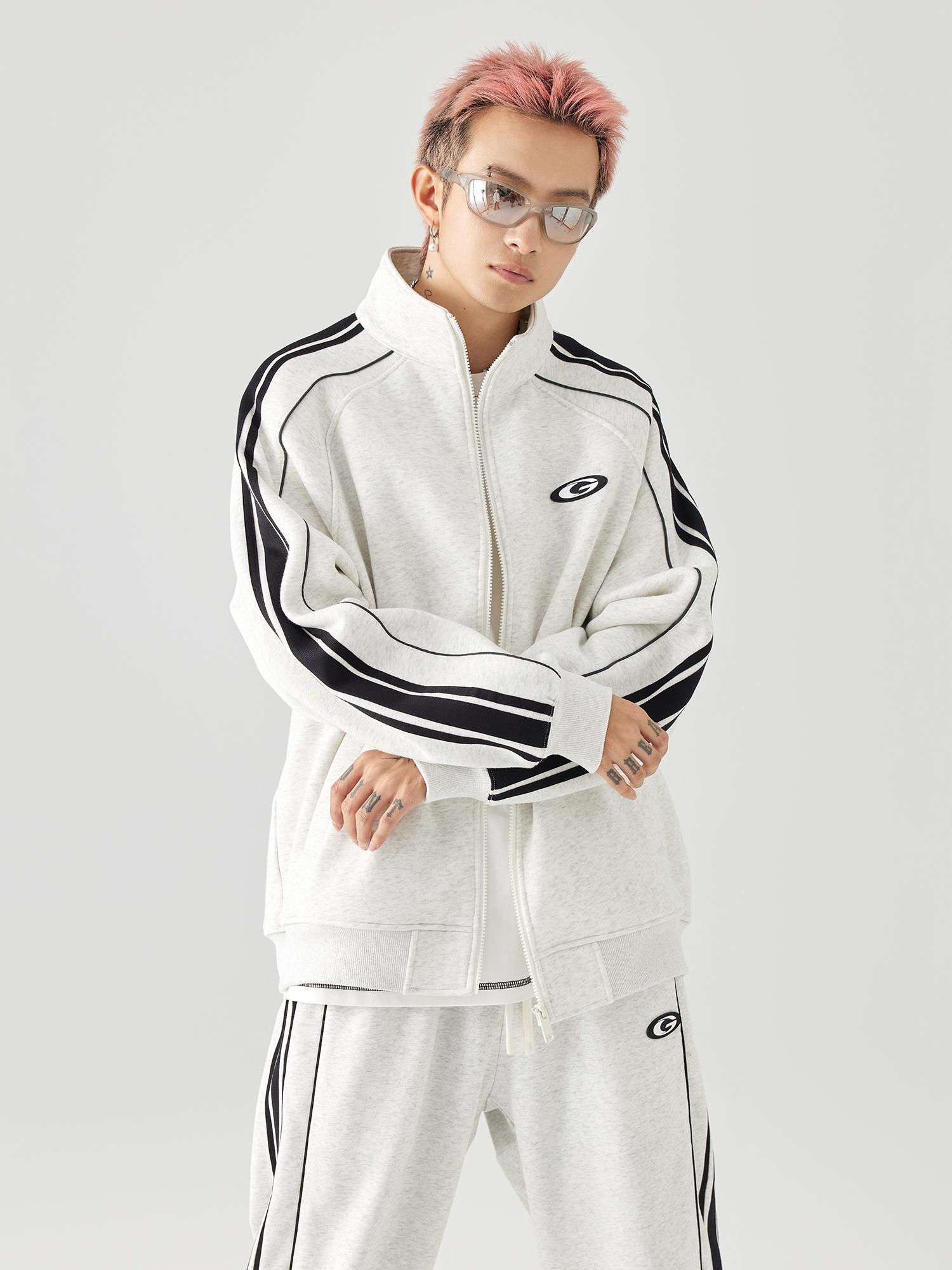 推荐商品：GOLFCROSS  撞色条纹透气学院风侧边棉混纺立领卫衣 男女同款 GOFW98 花灰