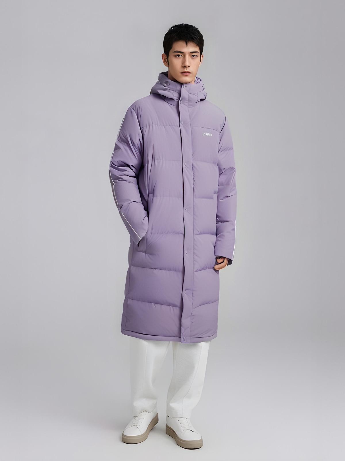 推荐商品：【闫桉同款】Nerdy 热力感侧条纹保暖加厚加绒连帽灰鸭绒过膝穿搭羽绒服 PNEW21DJ06 浅紫