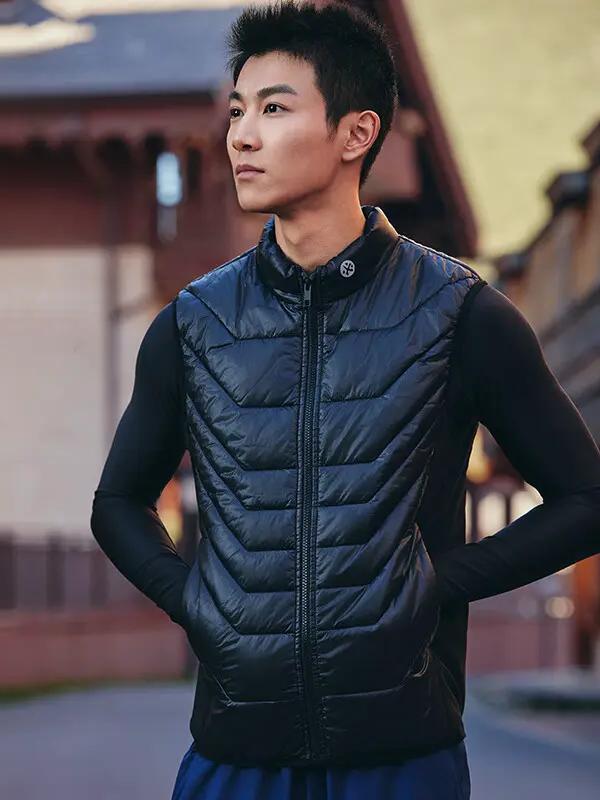 BMAI/必迈 日常穿搭拼接设计纯色耐水洗抗风坎肩轻量暖绒棉防风透湿马拉松拉链立领马甲 男女同款 FRWK001 暗夜黑/男