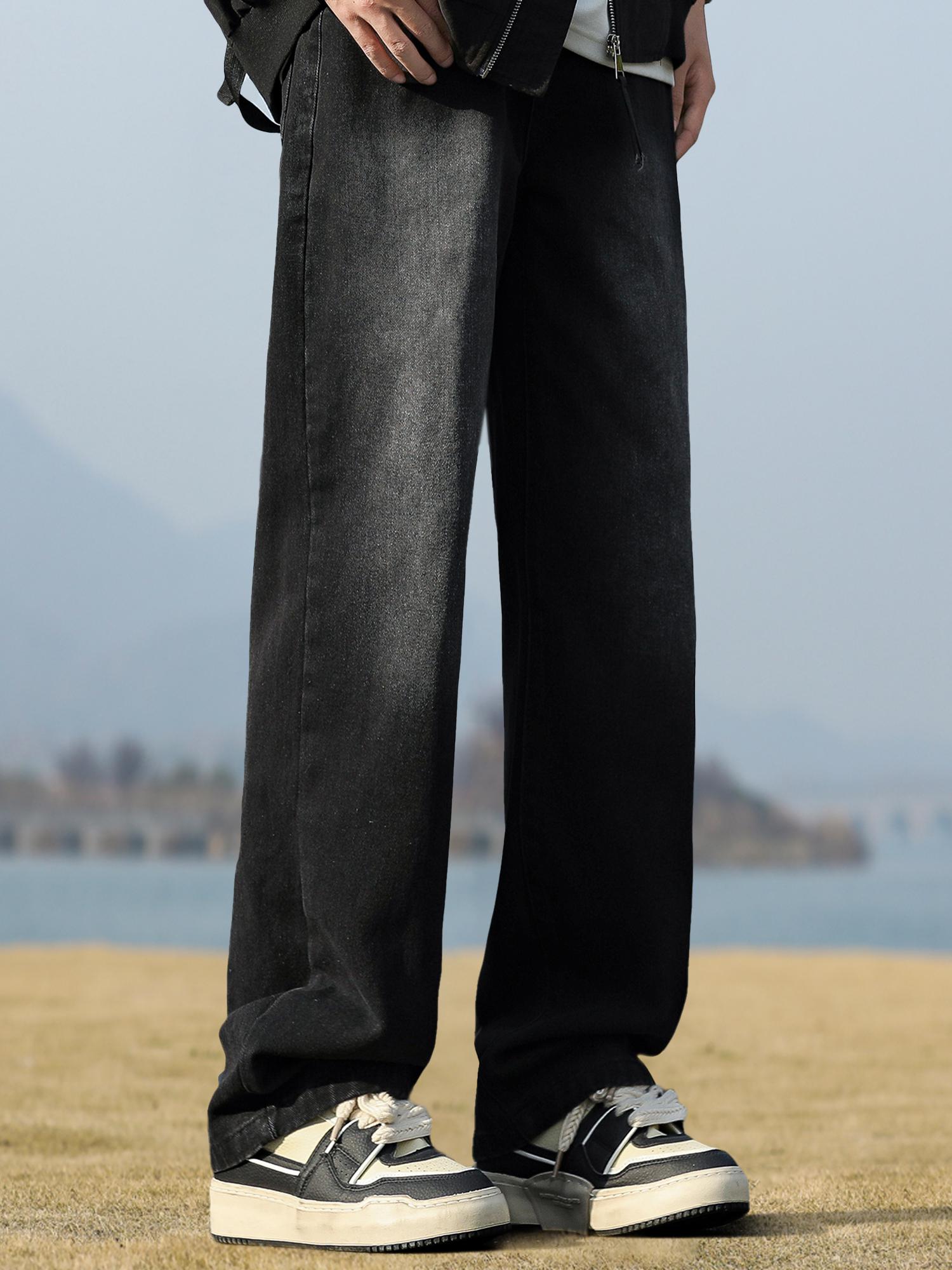 推荐商品：Jeep/吉普 做旧直筒阔腿水洗弹力牛仔裤 P842MWN580 纯黑