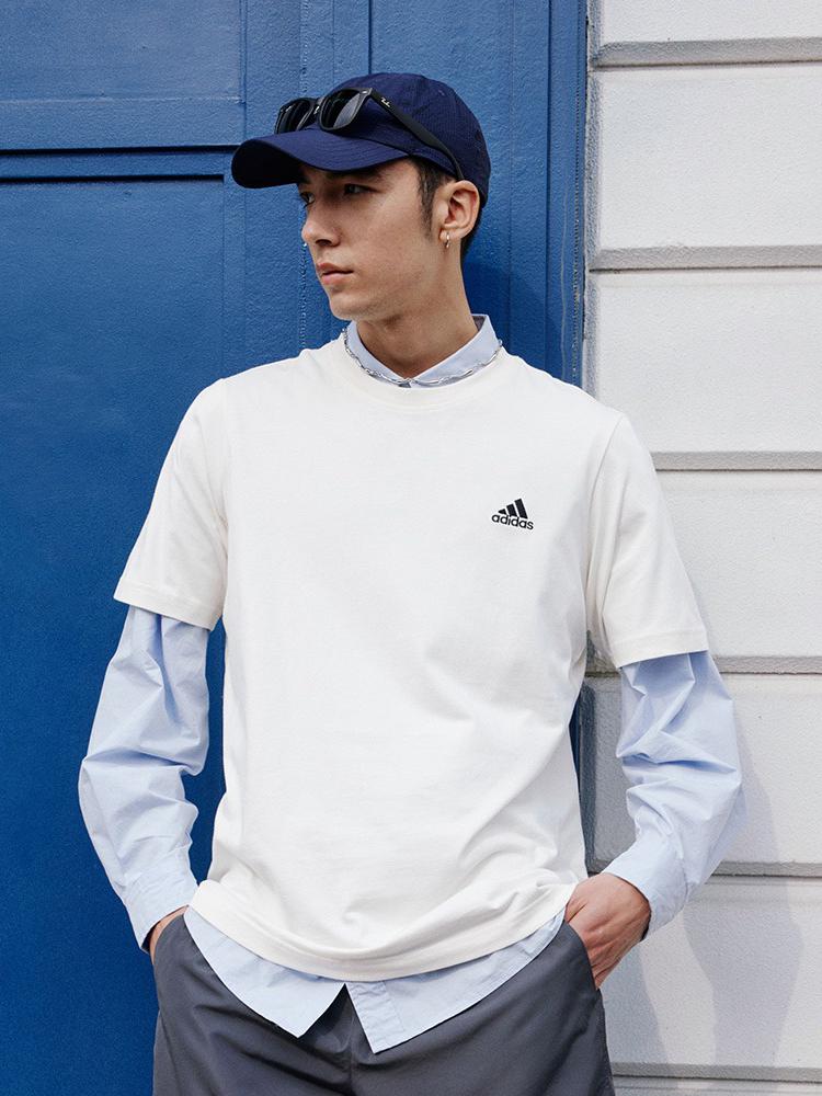 adidas T恤 极简风手工刺绣轻运动标识纯棉快干圆领直筒落肩袖短袖 男女同款 IT4332 白