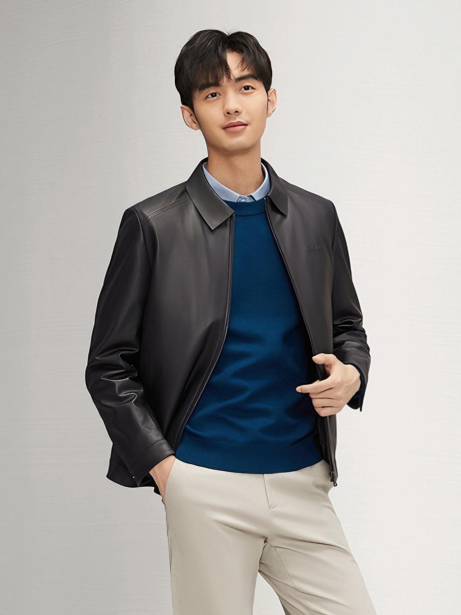 推荐商品：柒牌 保暖防风鹅绒内胆可脱卸翻领皮衣 127J70540 黑