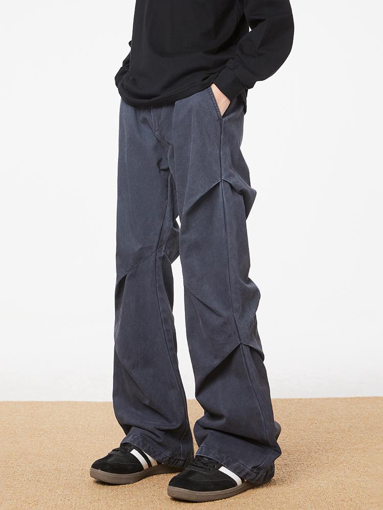 推荐商品：URSGGON  复古做旧微喇叭水洗褶皱工装裤 UG5014 素蓝