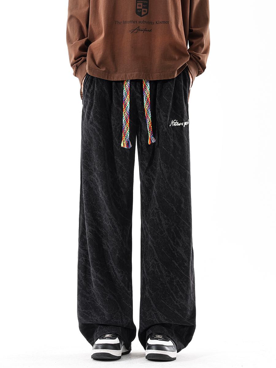 推荐商品：No Tears/No Tears 美式扎染灯芯绒学院风加厚满印抽绳直筒阔腿休闲长裤 NOT09 黑