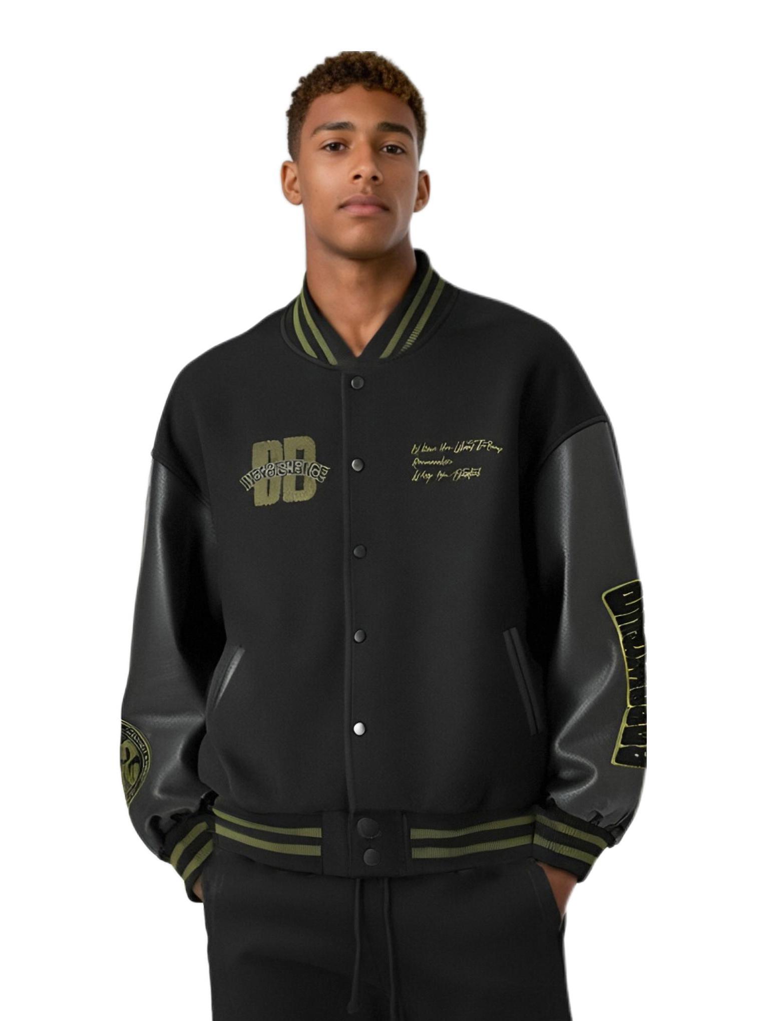 推荐商品：BD健美站  美式毛呢绣花撞色拼接加厚夹棉pu皮夹克 男女同款 BD24C019 黑