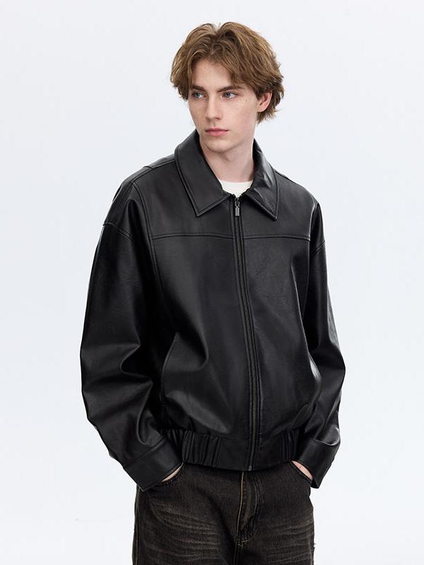 推荐商品：PSO Brand  拉链翻领拼接纯色聚酯纤维皮衣 男女同款 PJK118 皮质黑