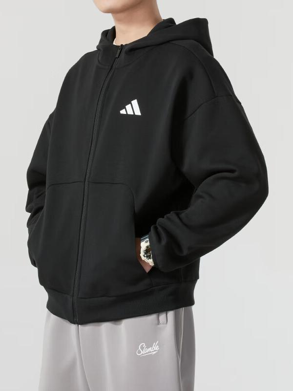 adidas M FI SL FZ拉链落肩袖轻运动锻炼加厚棉质连帽防风夹克 JI8768 黑