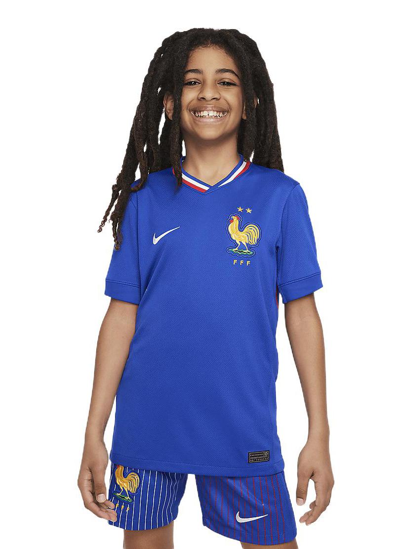 推荐商品：【姆巴佩同款】 Nike/耐克 Dri-Fit 印号版欧洲杯涤纶V领套头短袖条纹速干足球服 FJ1259 蓝/红/白