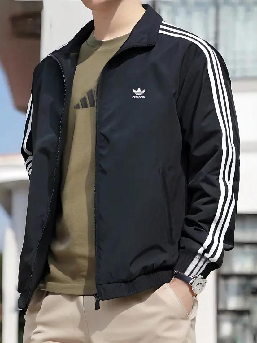 adidas 2025SS Firebird系列三条纹梭织快干束脚翻领耐磨防风透气拉链立领夹克 KB2466 黑