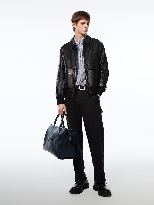 推荐商品：杰克琼斯 机车风纯色字母刺绣翻领多口袋长袖羊皮革皮衣 223410005 黑