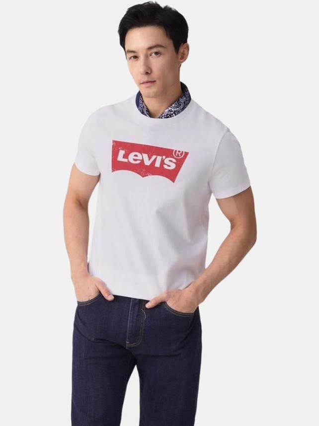 推荐商品：Levi's/李维斯 做旧字母logo印花蝙蝠袖圆领直筒短袖T恤 A9224 白