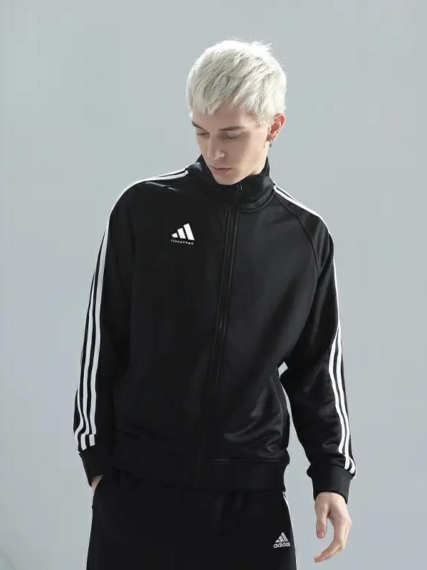 adidas 仿麻布三条纹梭织防风运动长袖立领拉链针织外套夹克 男女同款 TR30JR TR30JT 黑白
