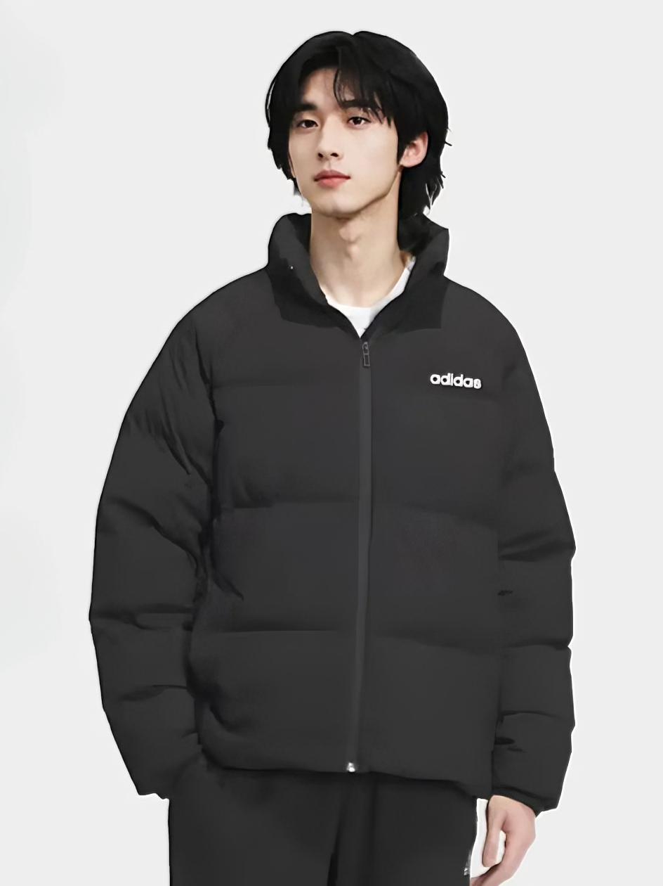 adidas 插肩袖拉链鸭绒圆领落肩套头条纹立领防风加厚厚款防寒棉羽羽绒服 黑