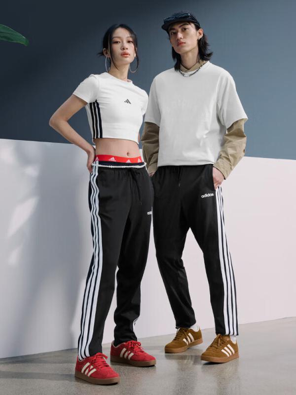 推荐商品：Adidas/阿迪达斯 三条纹梭织棉质小脚透气耐磨快干拉链裤脚束脚收口运动长裤 KA8348 浅黑