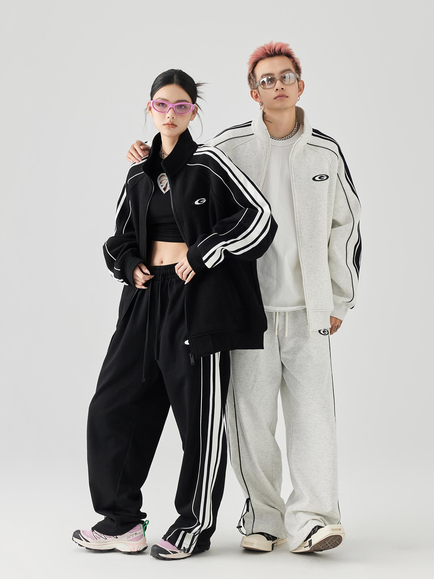 推荐商品：【付辛博同款】GOLFCROSS  条纹中腰松紧拉链插肩袖学院风侧边运动套装 男女同款 GOFW98+K36 黑