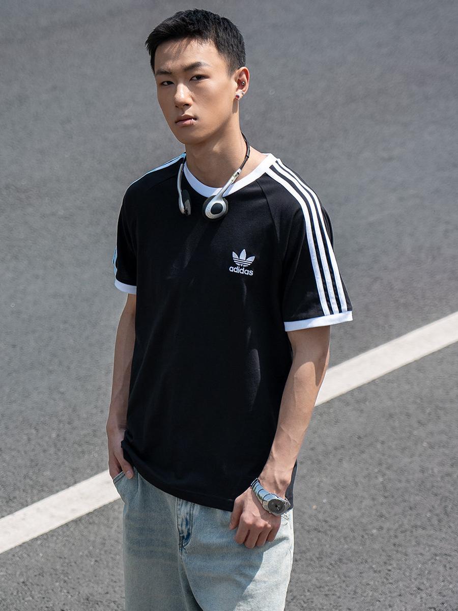 adidas Originals T恤 透气圆领三条纹凉爽修身套头短袖T恤 男女同款 KB2459 KB2460 黑