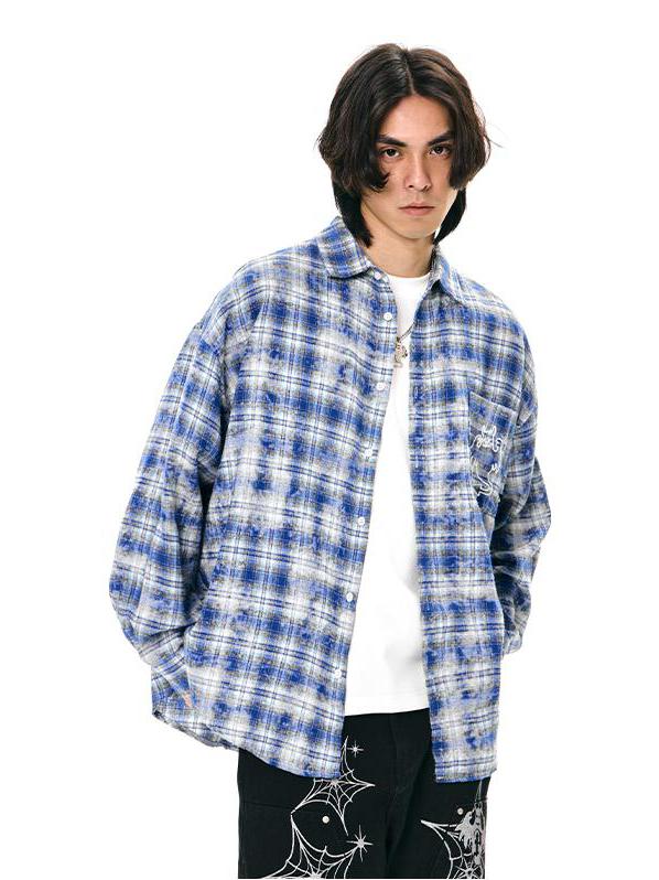 推荐商品：【李砚同款】LBPC X 梁拌泡菜 联名做旧晕染格子幽灵字母立体刺绣长袖衬衫 PC-3613-CS- 蓝