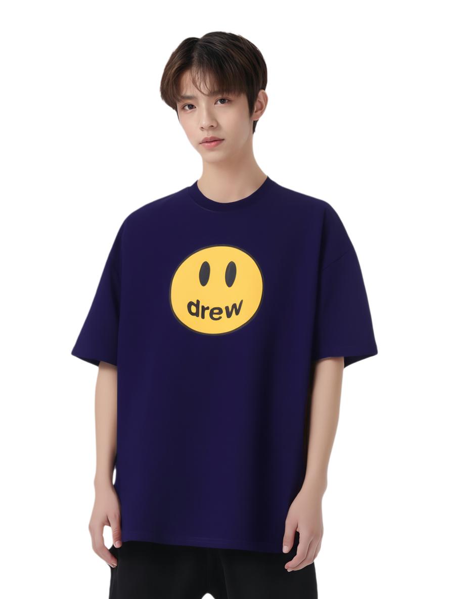 推荐商品：【贾斯汀·比伯同款】Drew House Mascot Ss Tee 笑脸系列图案印花字母LOGO圆领落肩短袖T恤 海军蓝