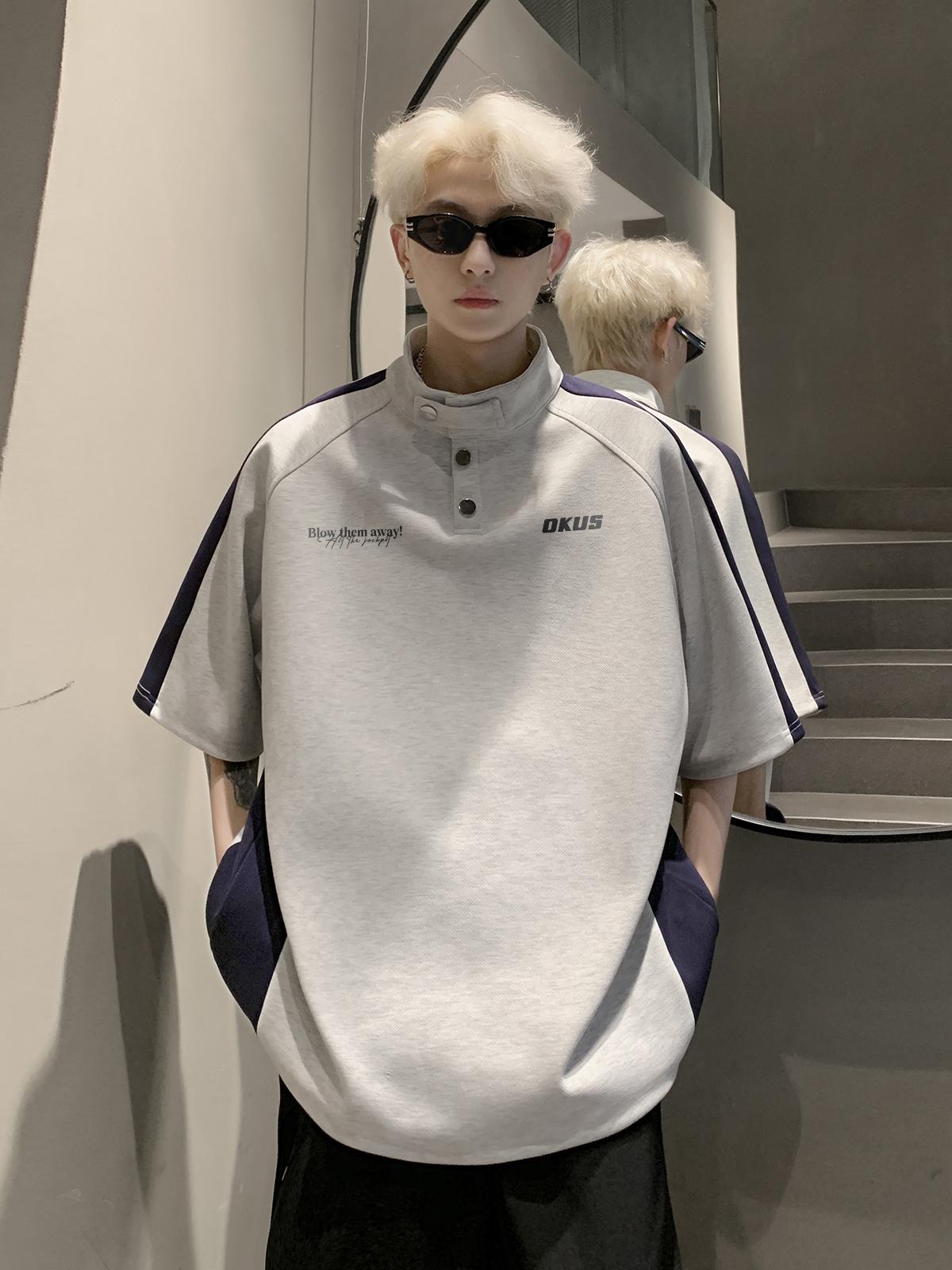 推荐商品：OKUS 美式韩系字母印花重磅拼接短袖Polo衫 OUTXD51127T-WY 灰