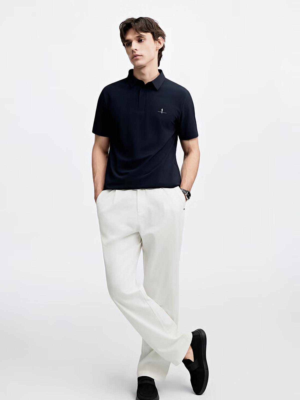 推荐商品：比音勒芬  冰舒棉商凉感透气清凉挺括织带凉爽翻领拉链小领套头短袖 362241518 藏青