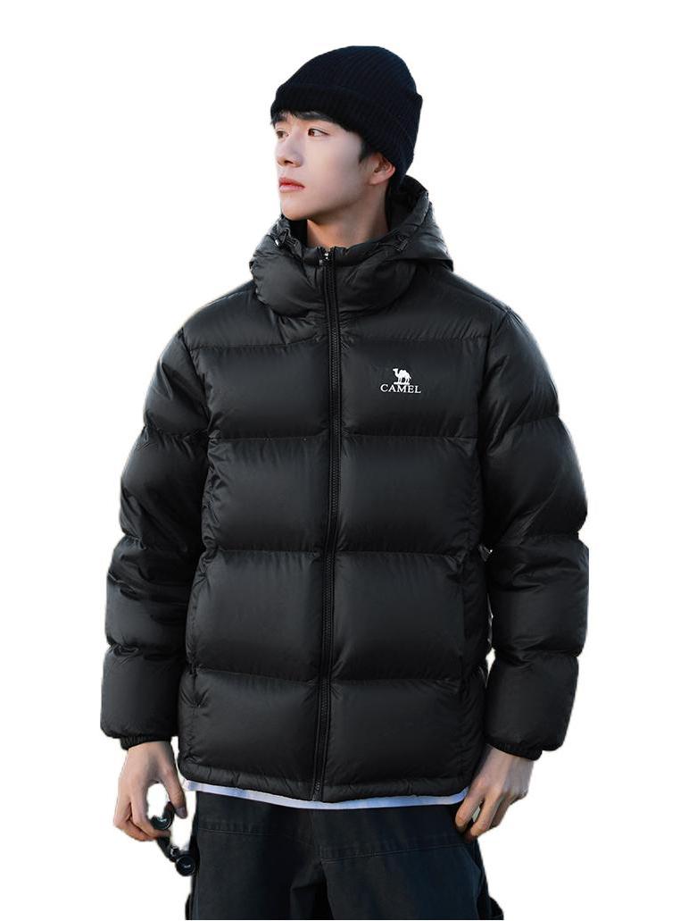 Camel/骆驼 暖绒系列 防寒加厚保暖防风防水立领连帽高蓬抗寒石墨烯自发热拒水绒远红外发热升温白鸭绒羽绒服 A1W2PN121N5 黑