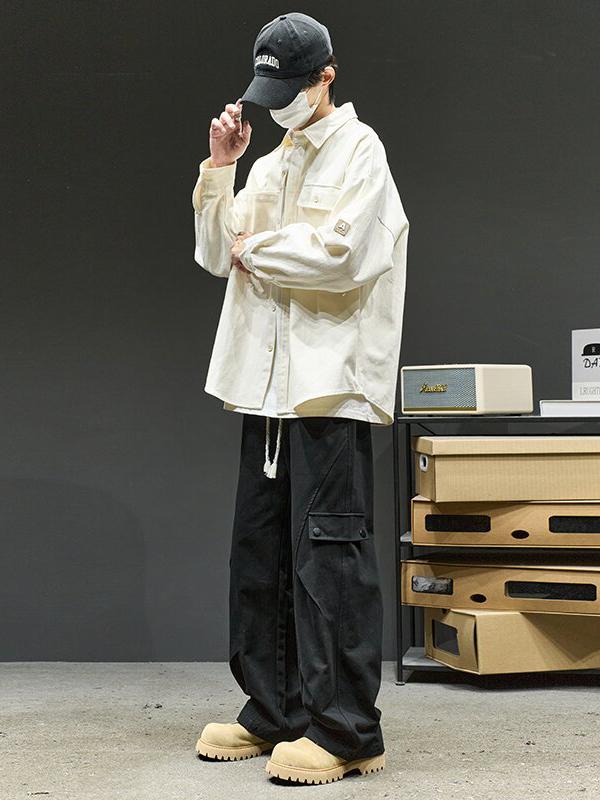 推荐商品：SZON 褶皱耐磨系带直筒工装裤 DW2713-4 黑